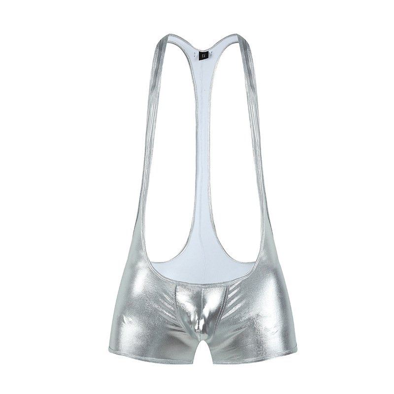 Silver Faux Leather sexy men's underwear fitness jumpsuit bodysuit Wrestling singlet leotard NK12