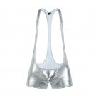 Silver Faux Leather sexy men's underwear fitness jumpsuit bodysuit Wrestling singlet leotard NK12