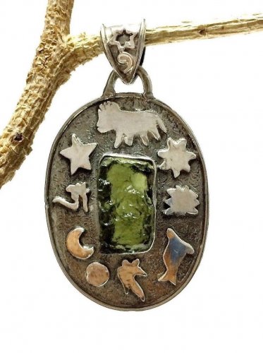 NATURAL CZECH MOLDAVITE AMULET 10 occult wicca pagan handmade silver pendant