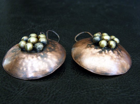 Cluster. handmade copper dangle earrings with shiny brass pebbles