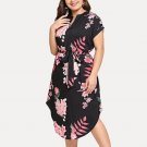 Ladies Large Size V-neck short-sleeved Belt Print Dress