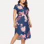 Ladies Large Size V-neck short-sleeved Belt Print Dress