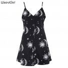 loose v-neck sleeveless mini dress black sun moon star printing dress
