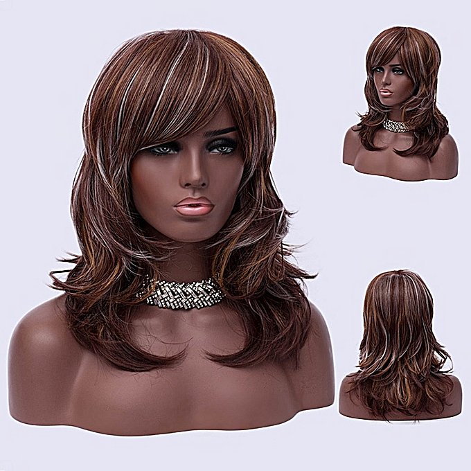 Full Wigs Medium Side Bang Highlighted Layered Slightly Curled Synthetic Wig NEW