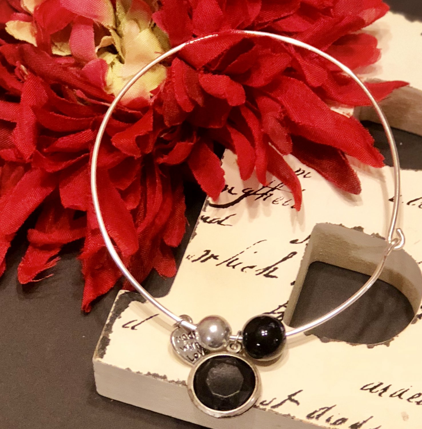 Silver Bangle Bracelet with Charms