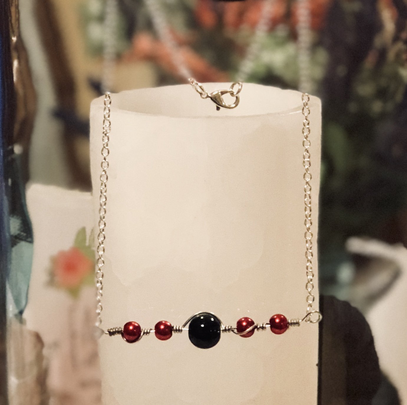 Silver with Black and Red Beads