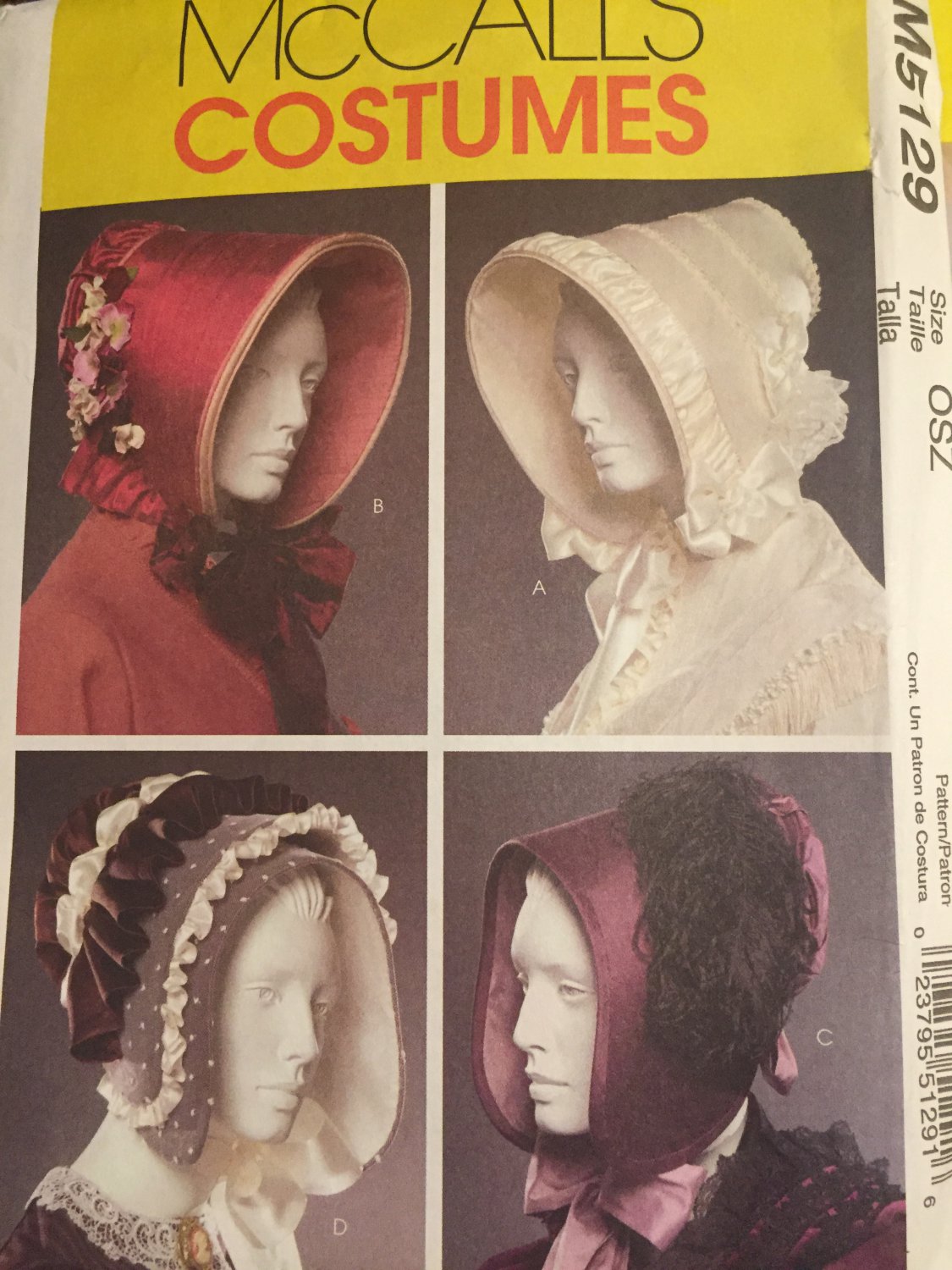 McCalls 5129 Misses Historcial Bonnets Civil War Victorian 1800s Costume Sewing Pattern Size S - L