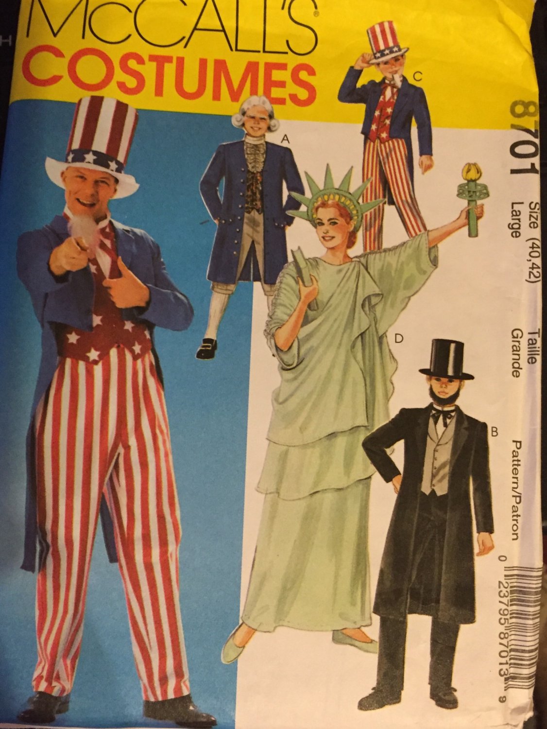 McCalls 8701 Patriotic Costumes pattern Statue of Liberty Abe Lincoln Uncle Sam Size Large (40, 42)