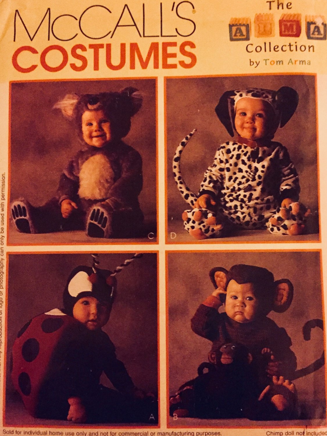 McCalls 8897 P345 Toddlers Lady Bug Monkey Dalmatian Koala Costume Pattern Size 4