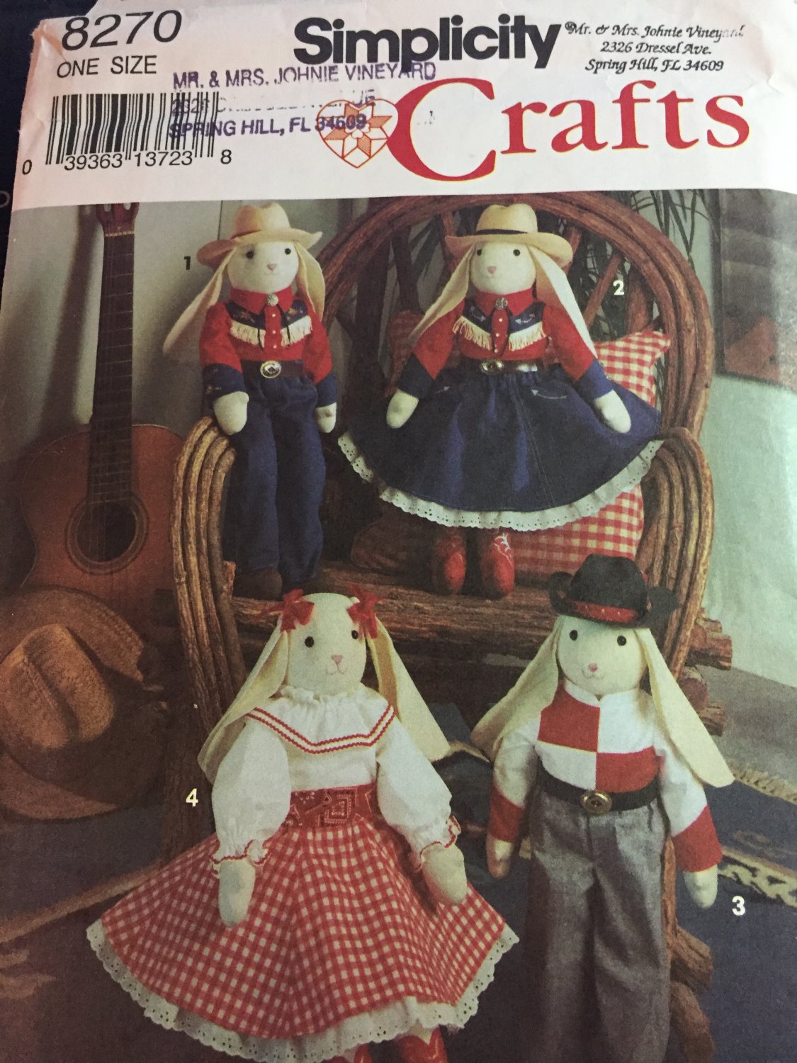 SIMPLICITY CRAFT PATTERN 8270 23" BUNNY & WESTERN OUTFITS UNCUT