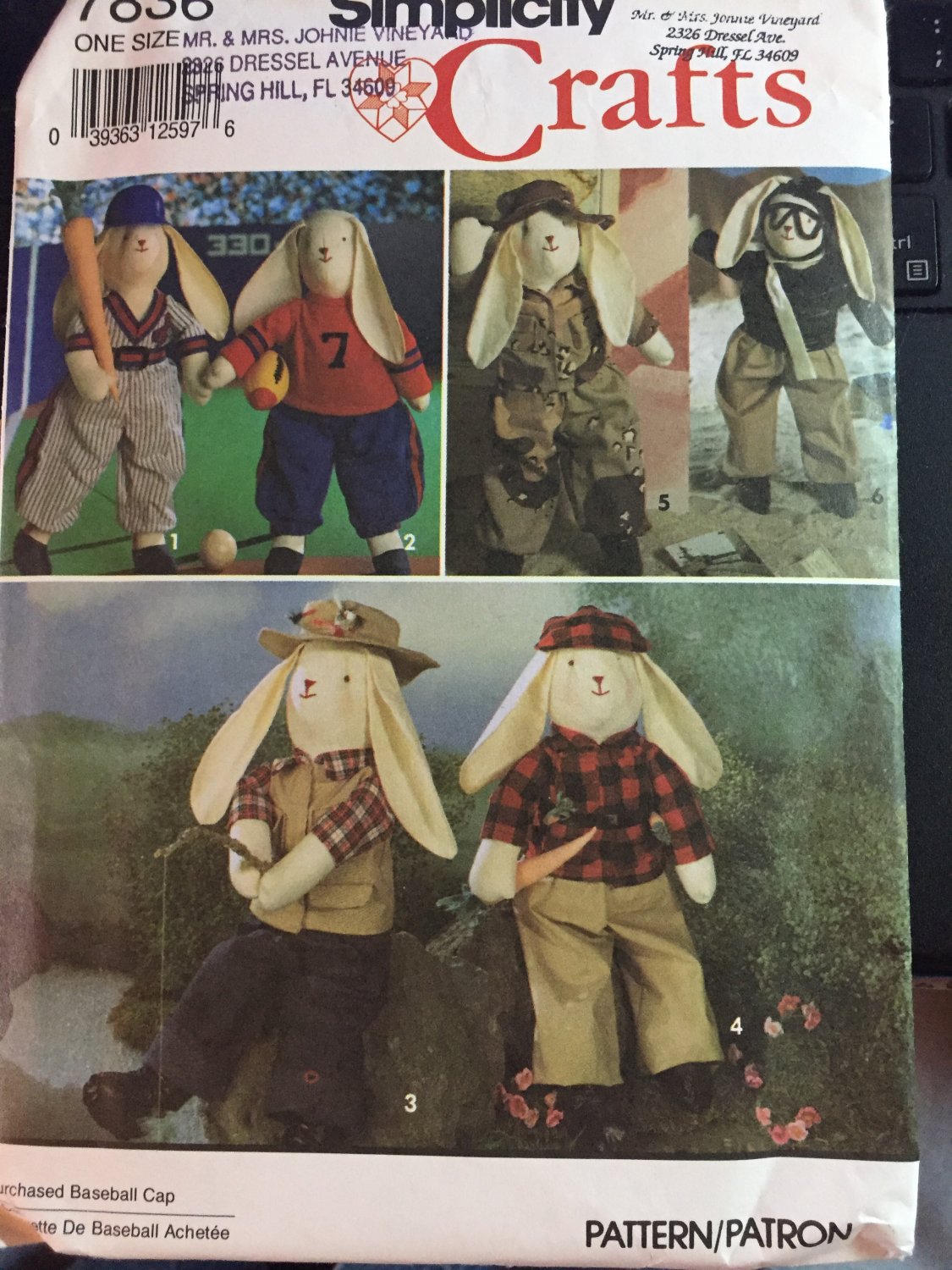Simplicity 7836 Pattern Bunny + Clothes Baseball Football Fisherman Hunter Safari Aviator Clothes