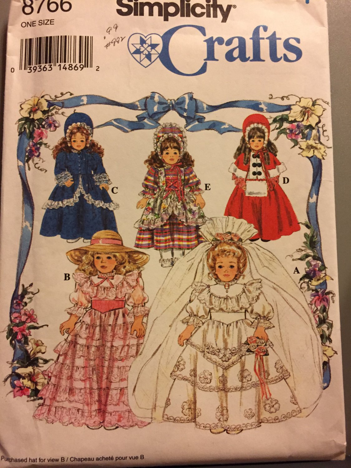 Simplicity 8766 Collector Doll Victorian Wedding Gown Cape & Hat 16", 18" Clothes Sewing Pattern