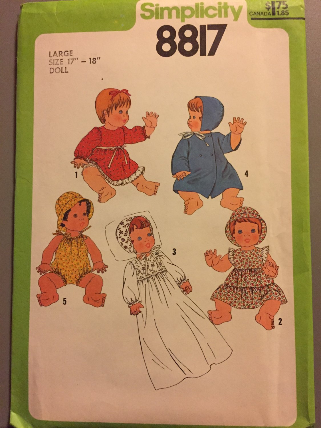 Simplicity 8817 Pattern for Doll Wardrobe Large 17 to 18 In. Doll, Dress, Coat, Romper, From 1978,