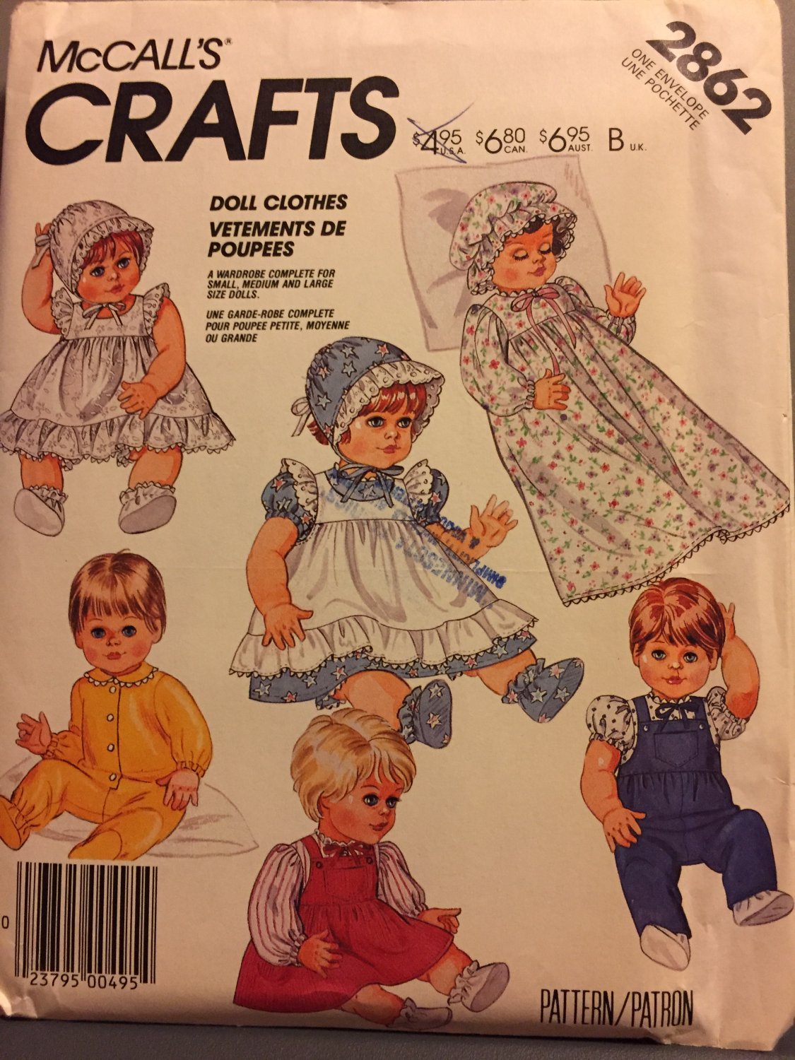 McCall's Crafts 2862 Doll Clothes, Dress, Pinafore, Bonnet for Small, Medium and large dolls.