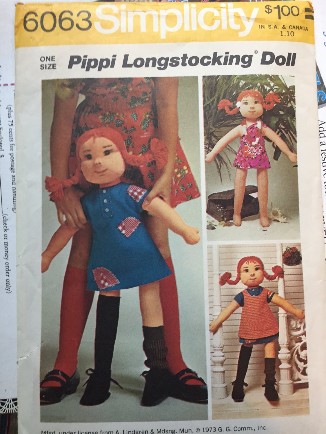 Pippi Longstocking, Rag Doll and Wardrobe of Clothes Sewing Pattern Vintage 1970's Simplicity 6063