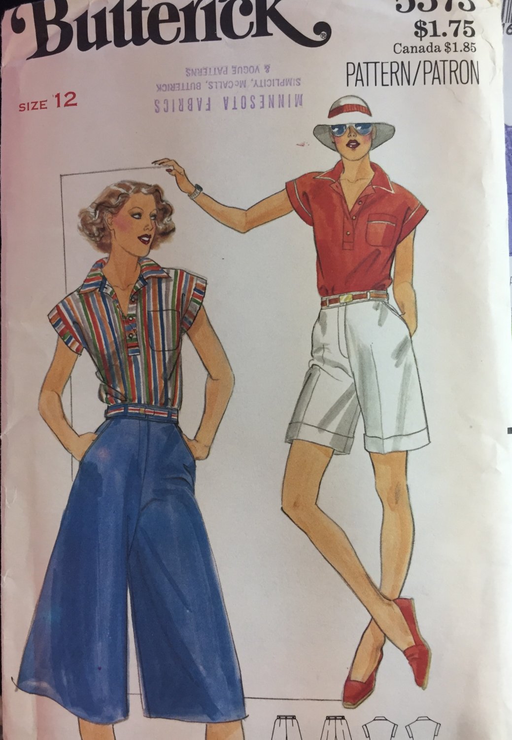 Butterick sewing pattern 5373 misses shirt culotte and Bermuda shorts size 12
