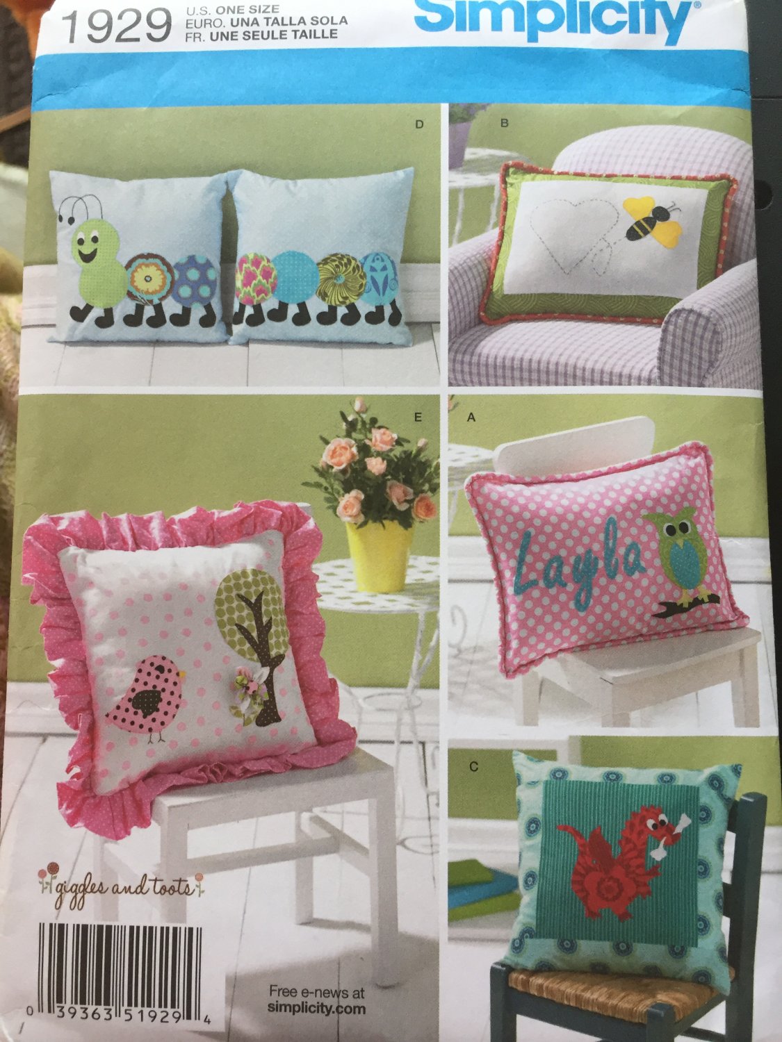 Simplicity Pattern 1929 Children's Applique Pillows caterpiller dragon owl bee
