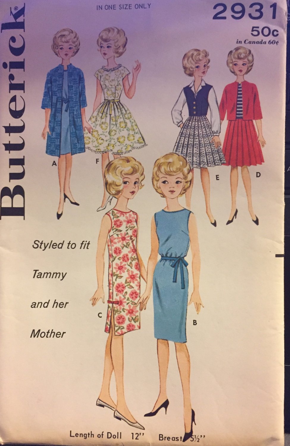 Butterick 2931 UNCUT Sewing Pattern 12" Tammy Teenage Doll ORIGINAL