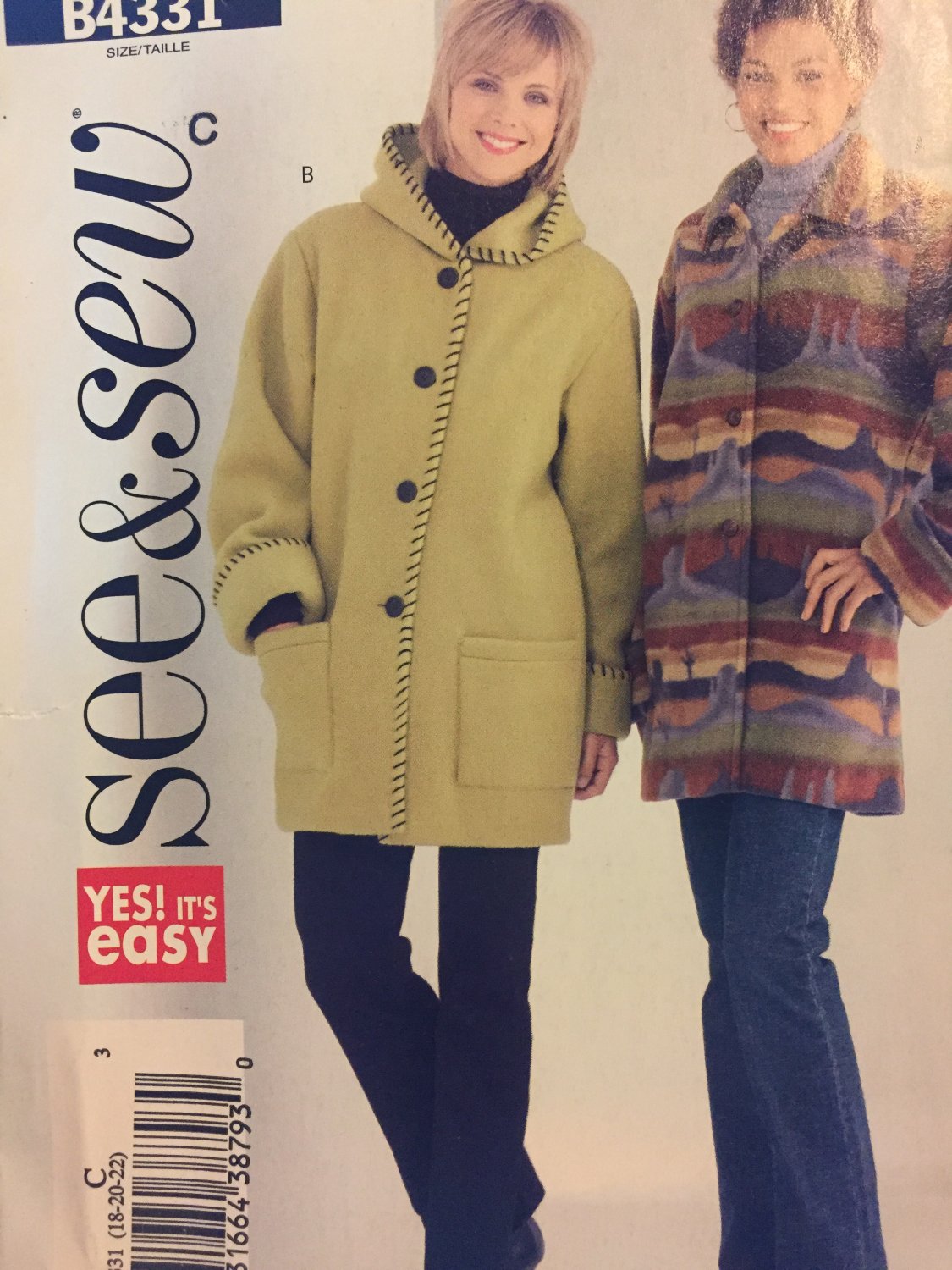 See & Sew Butterick B4331 Jacket Coat with turn back cuffs UNCUT sewing pattern SZ 18-20-22