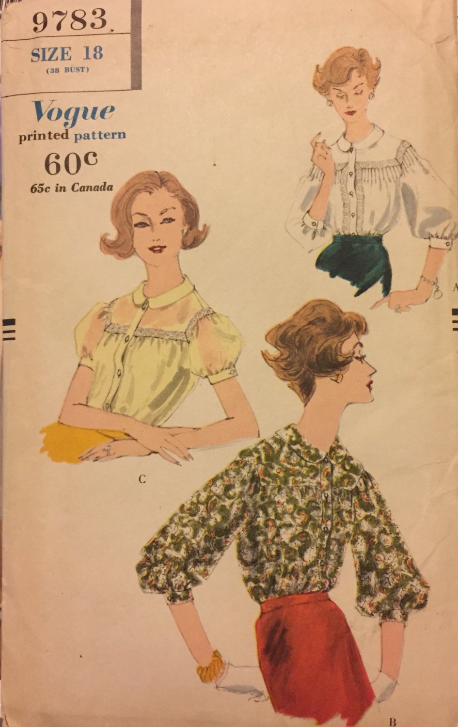 Vogue 9783 Vintage 1959 Tuck In Blouse Sewing Pattern Uncut Pattern Size 18