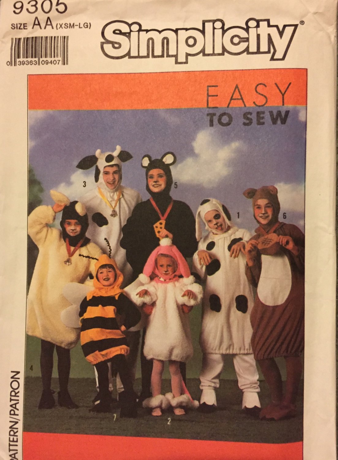 Cow Dog Squirrel Lamb Bee Adult Animal Costume Pattern Simplicity 9305 X Small to Large UNCUT