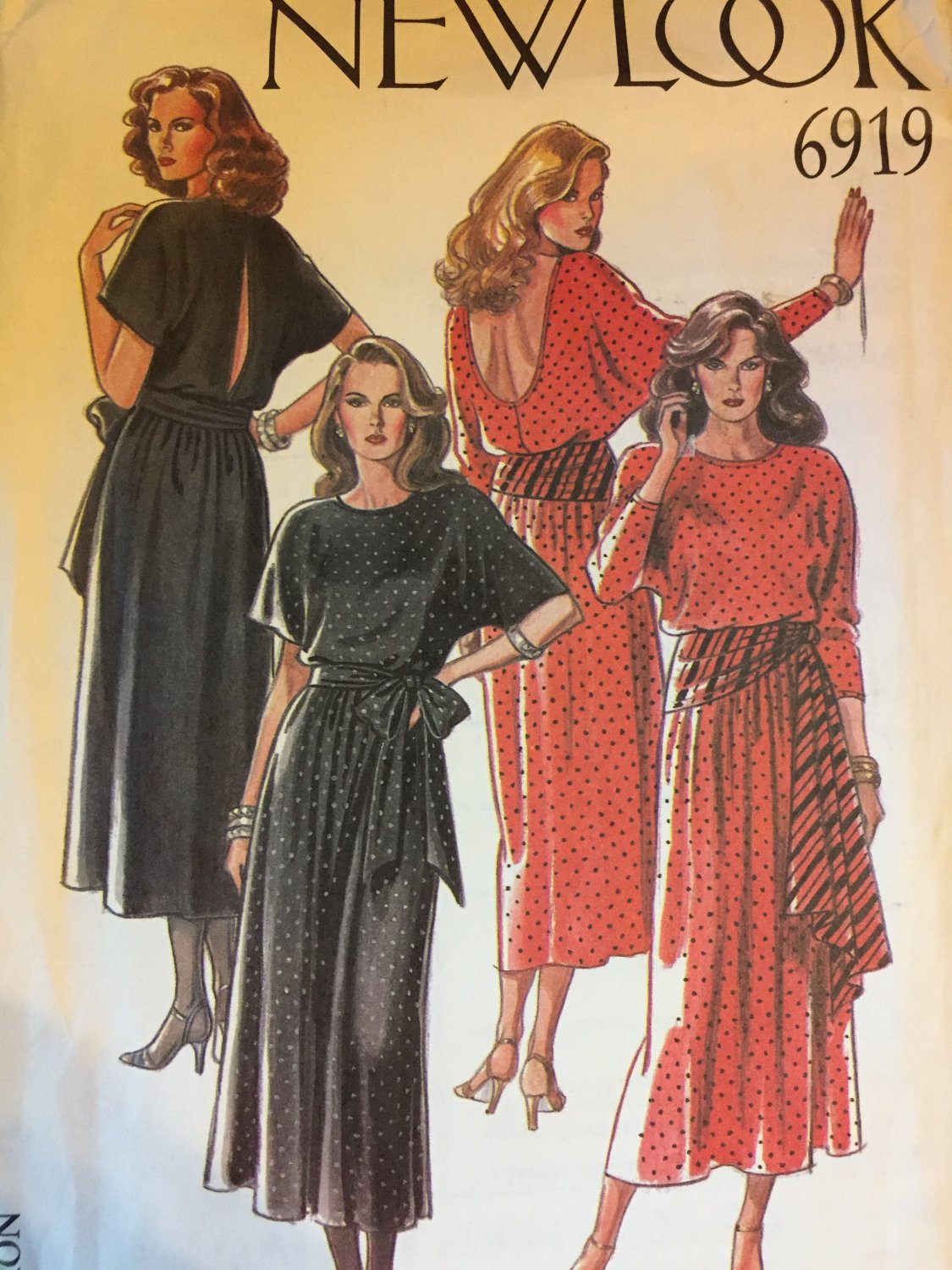 Scoop Back Dress with Batwing Sleeves & Sash 6 Sizes in One - 8-18 New Look 6919 1980s