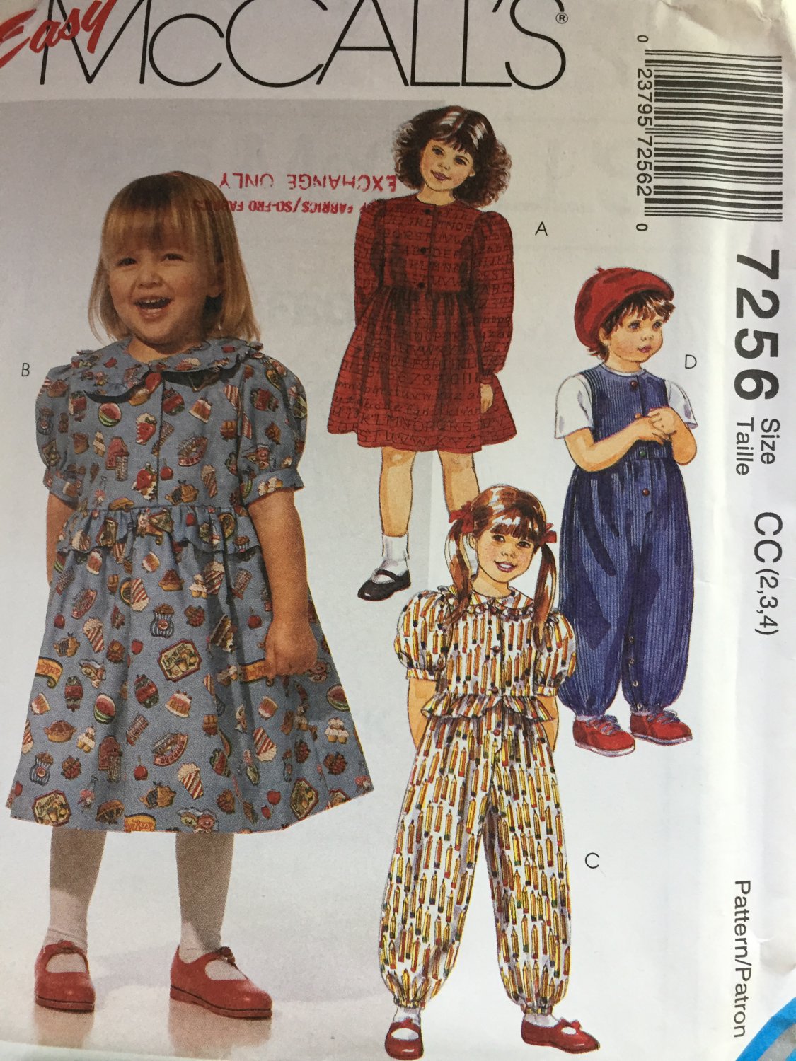 McCall's Pattern 7256 Toddler's Dress and Jumpsuit Size 2 3 4 Sewing Pattern