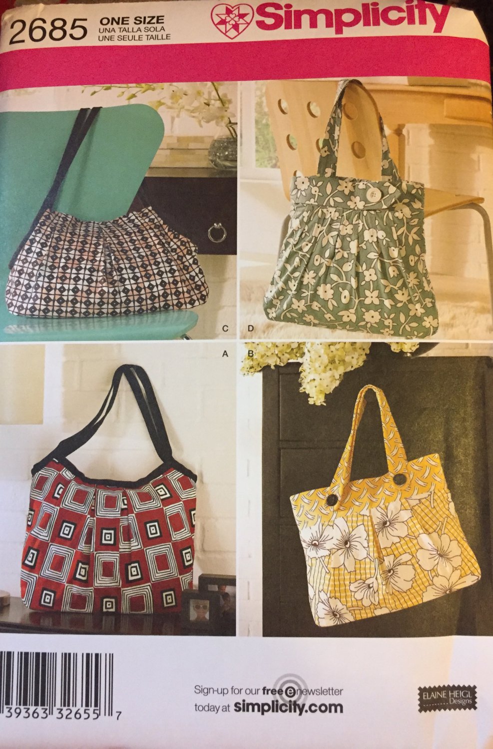 SIMPLICITY PATTERN 2685 4 Styles Handbags Totes by Elaine Heigl Sewing Pattern