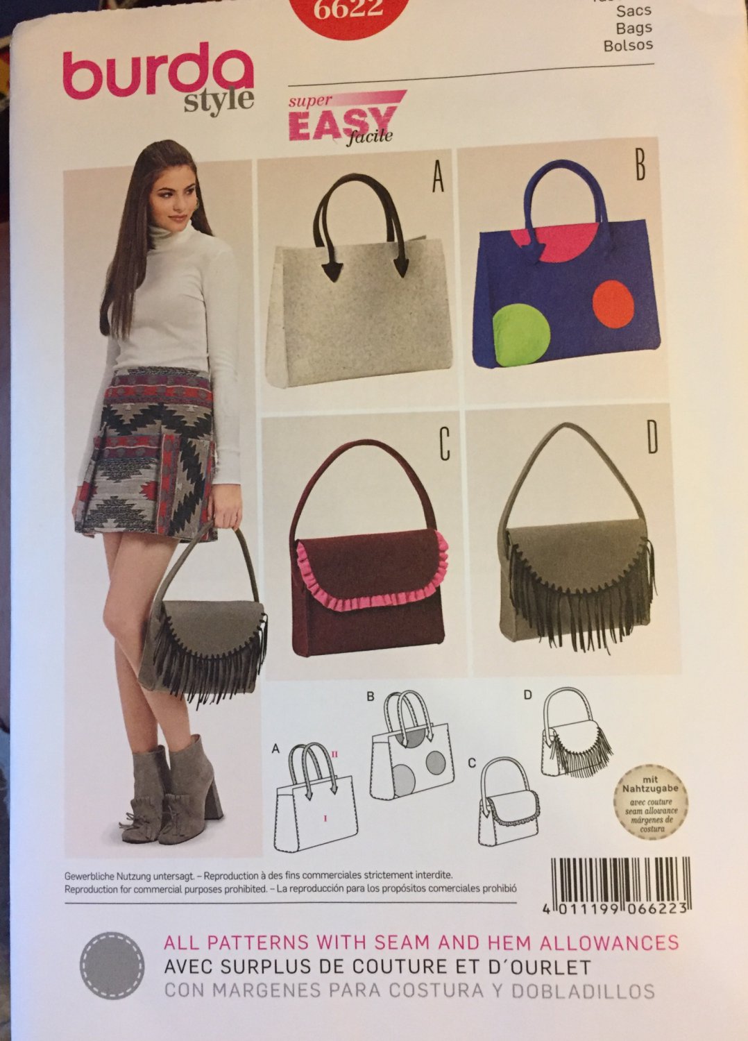 Burda 6622 Misses Totes Handbags with Fringe Embellishments Sewing Pattern