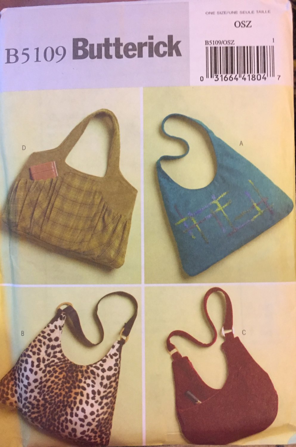 Hand Bag Sewing Pattern Hobo Slouch Purse Tote Bag Butterick 5109