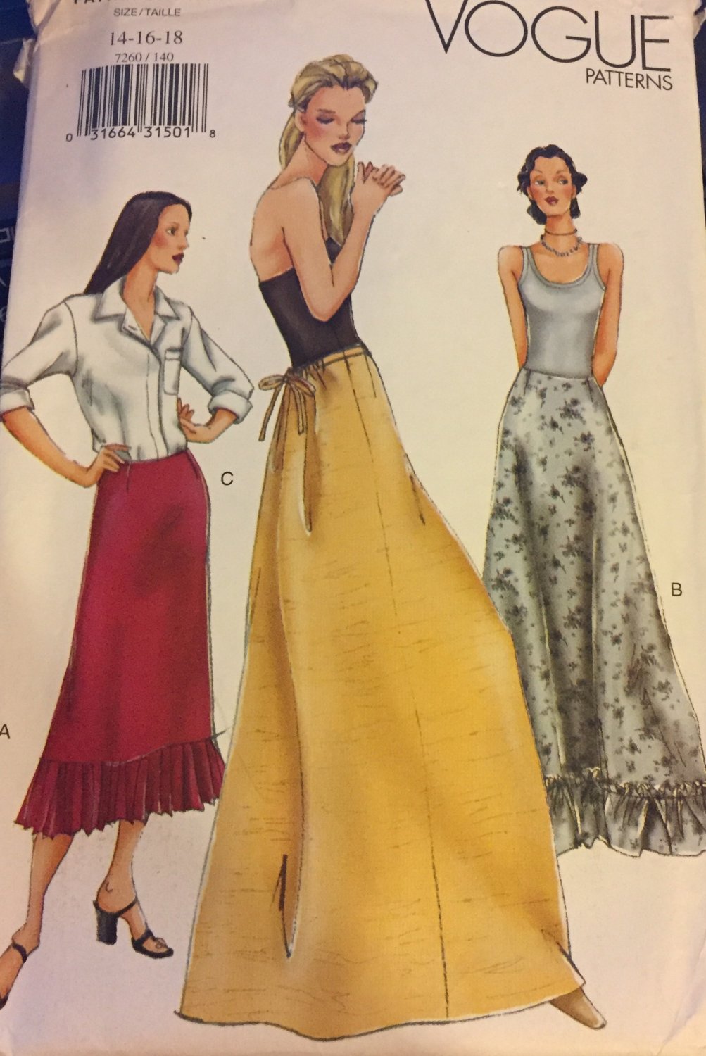Misses Floor Length Maxi Skirt Sewing Pattern, Vogue 7260 uncut size 14, 16, 18