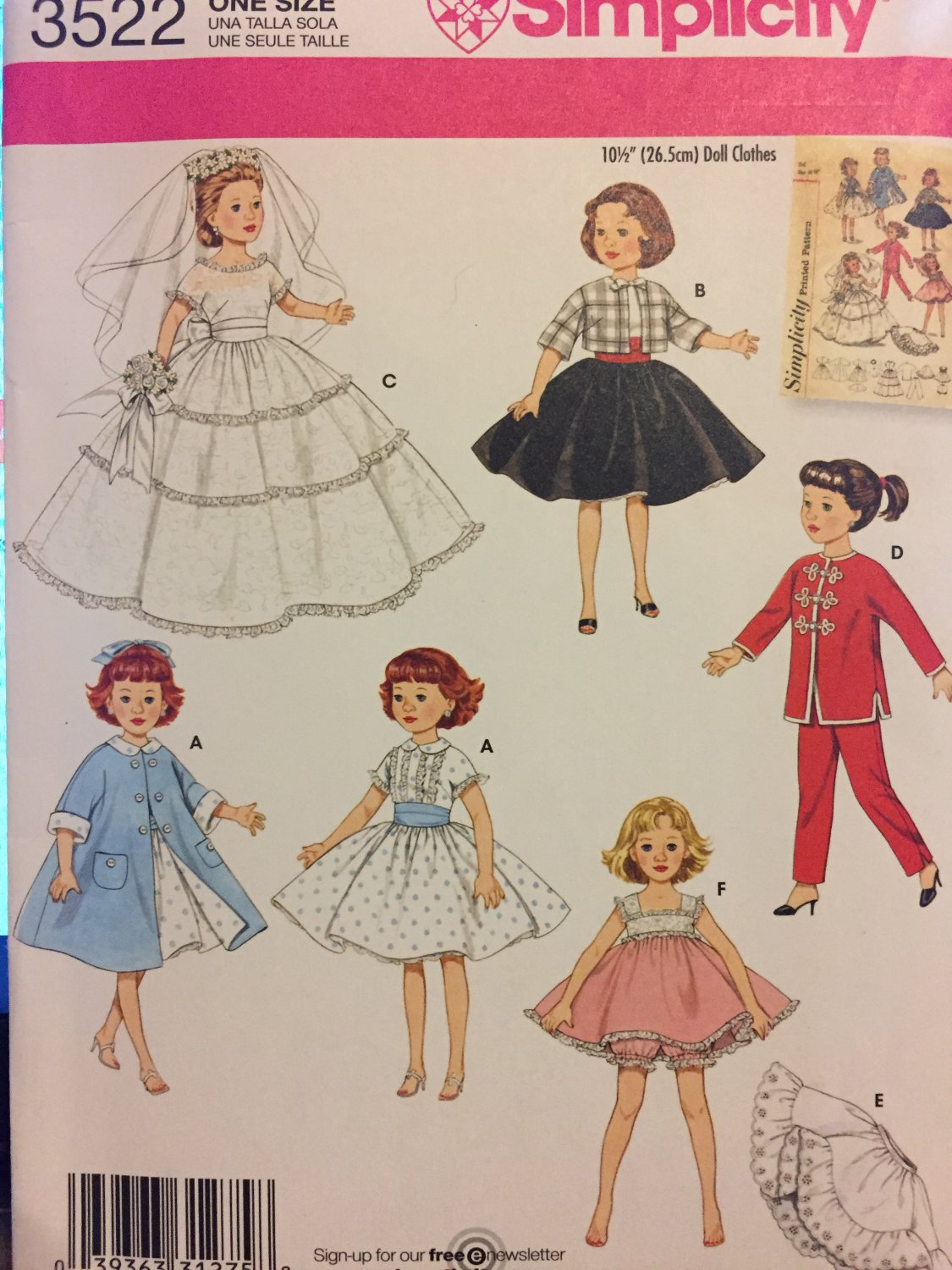 Simplicity Size 10 1/2" Doll Vintage Style doll clothes craft pattern 3522 Uncut