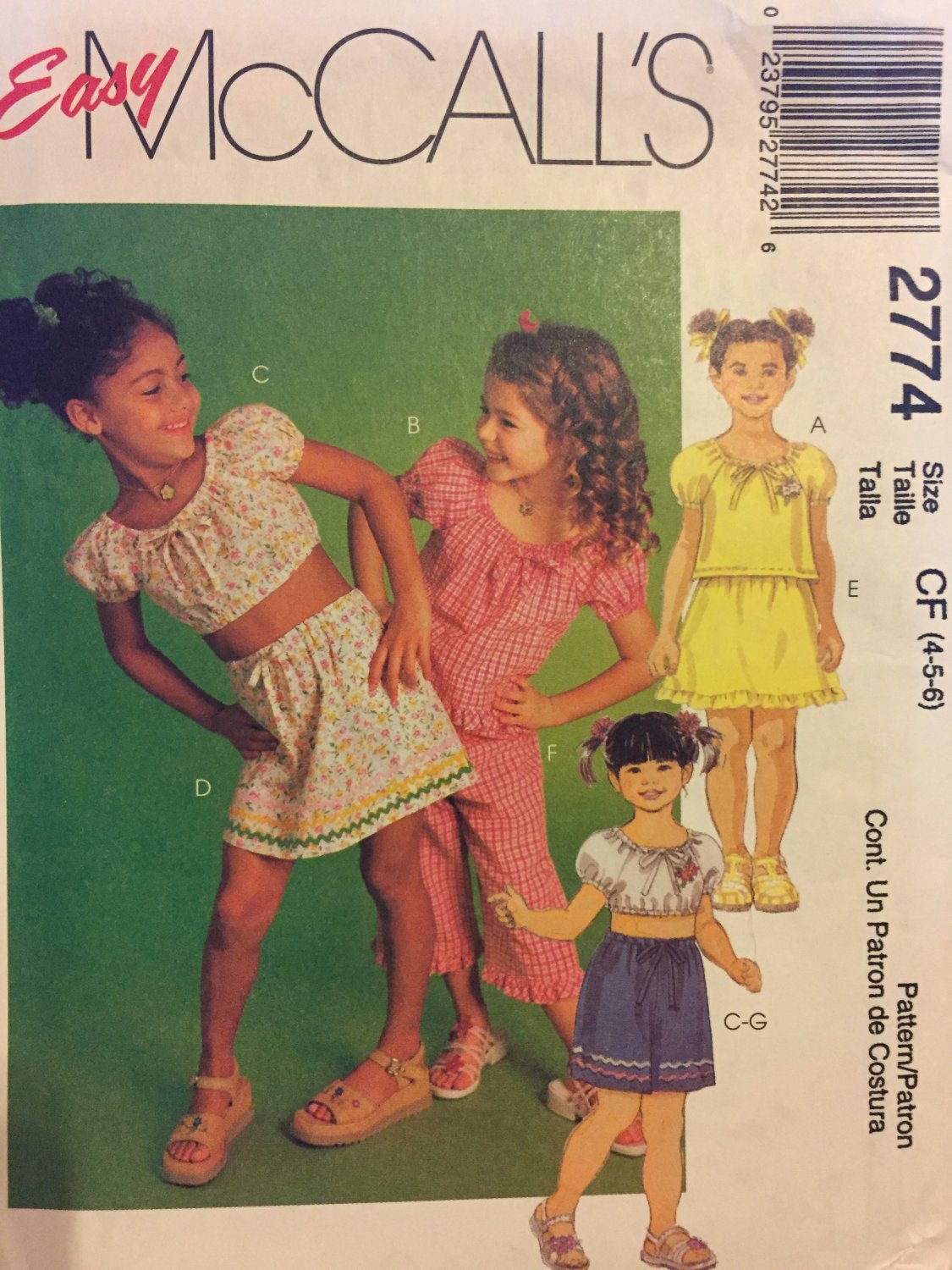 McCall's 2774 Size 4 5 6 Children's Top Skirt Capri Pants Shorts Sewing Pattern