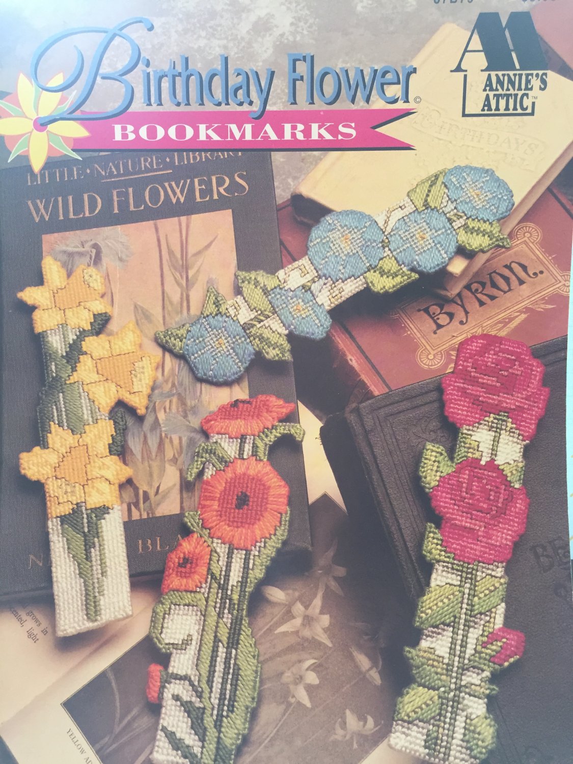 ANNIE'S ATTIC BIRTHDAY FLOWER BOOKMARKS 12 PLASTIC CANVAS DESIGNS 87B79
