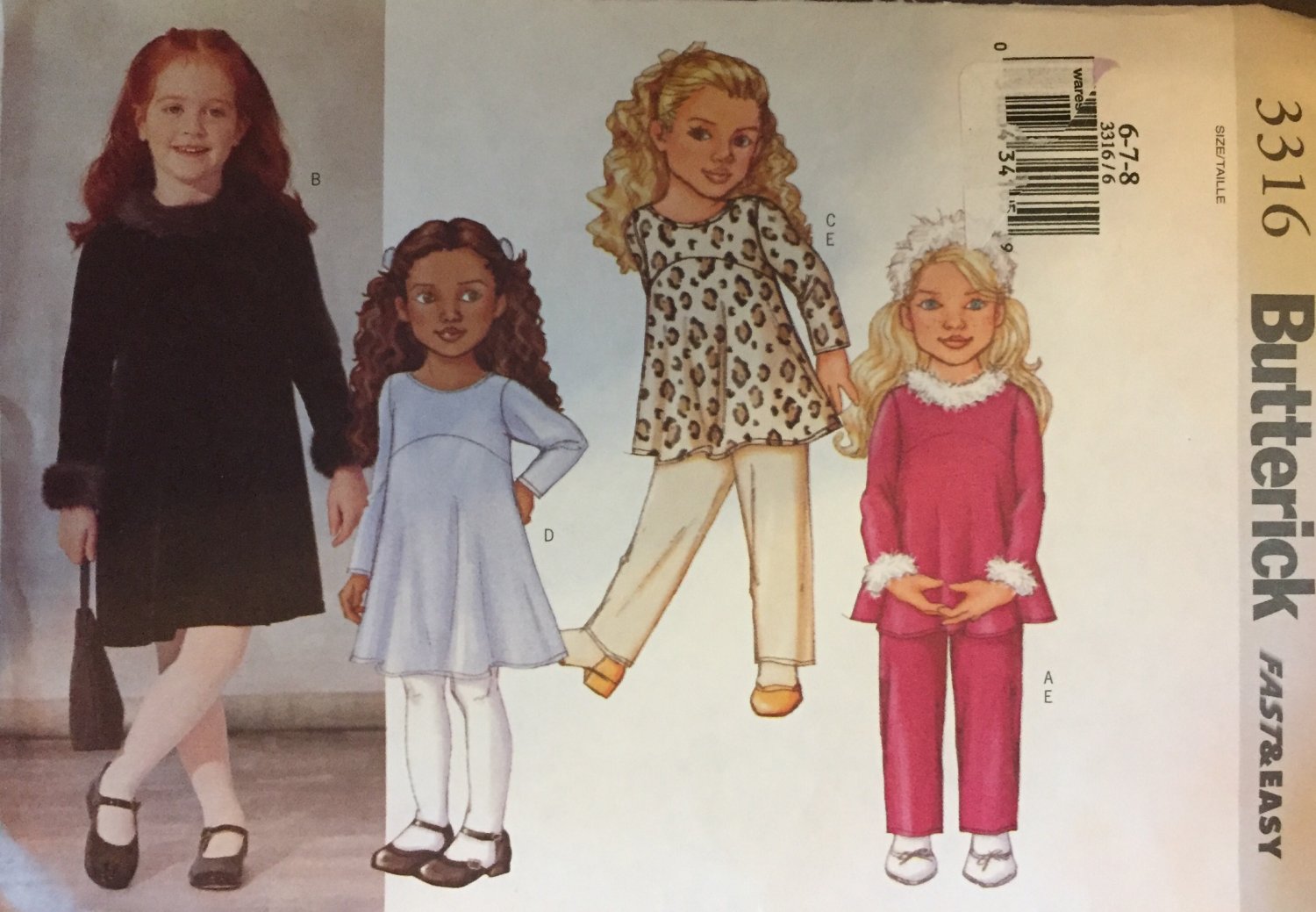 Butterick 3316 Girls' Top Dress and Pants Fast & Easy Sewing Pattern Size 6, 7, 8