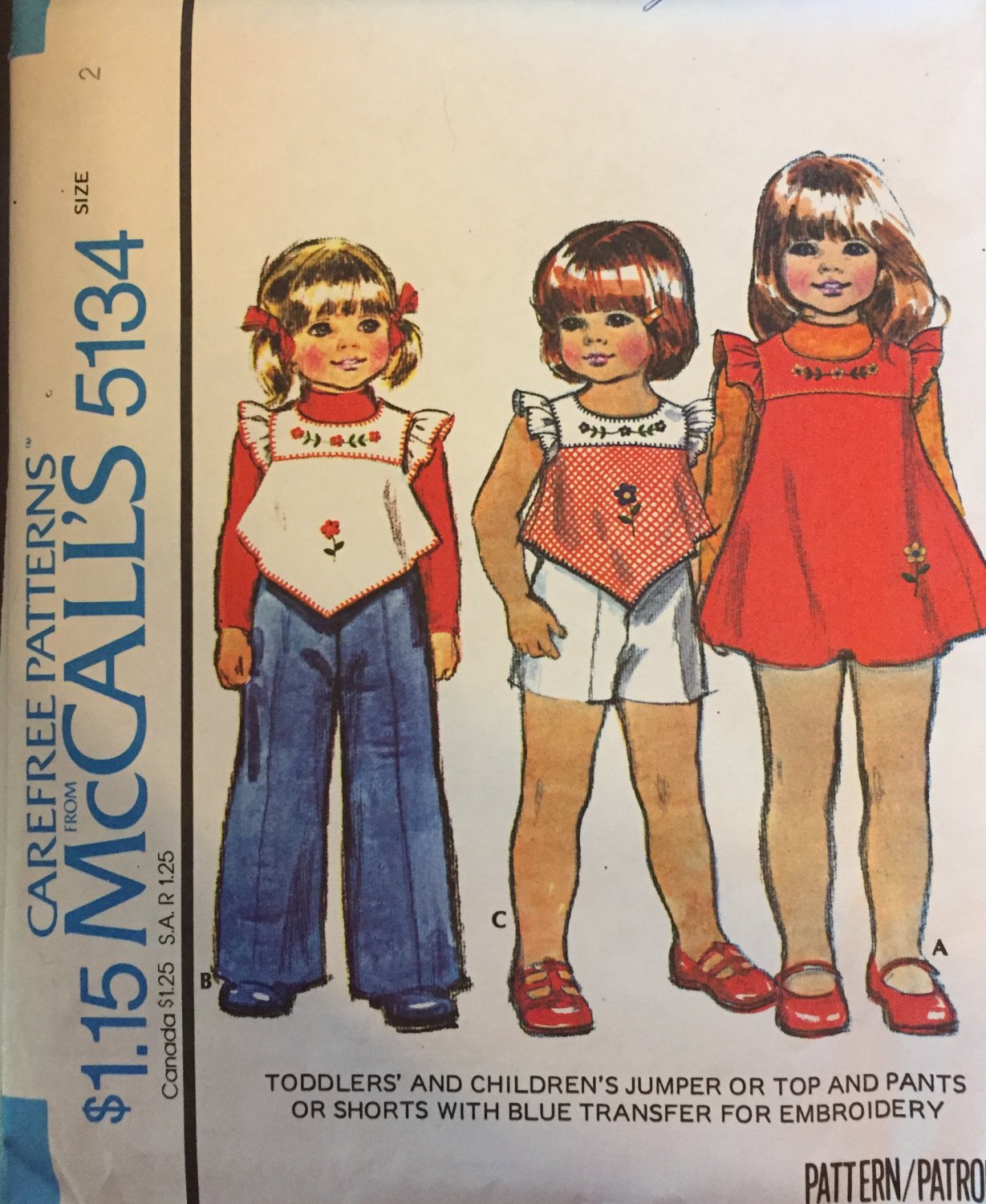 Vintage 70's Sewing Pattern McCalls 5134 Girl's Jumper Top Pants Shorts Uncut with Transfer SZ 2