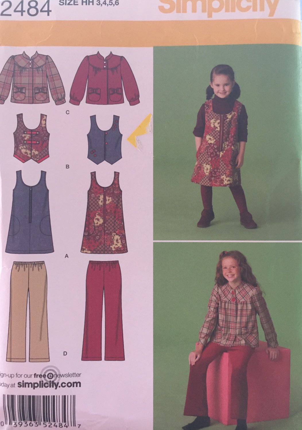 Simplicity 2484 Girls' Jumper, vest, jacket and cropped pant pattern Uncut Sizes 3, 4, 5 and 6