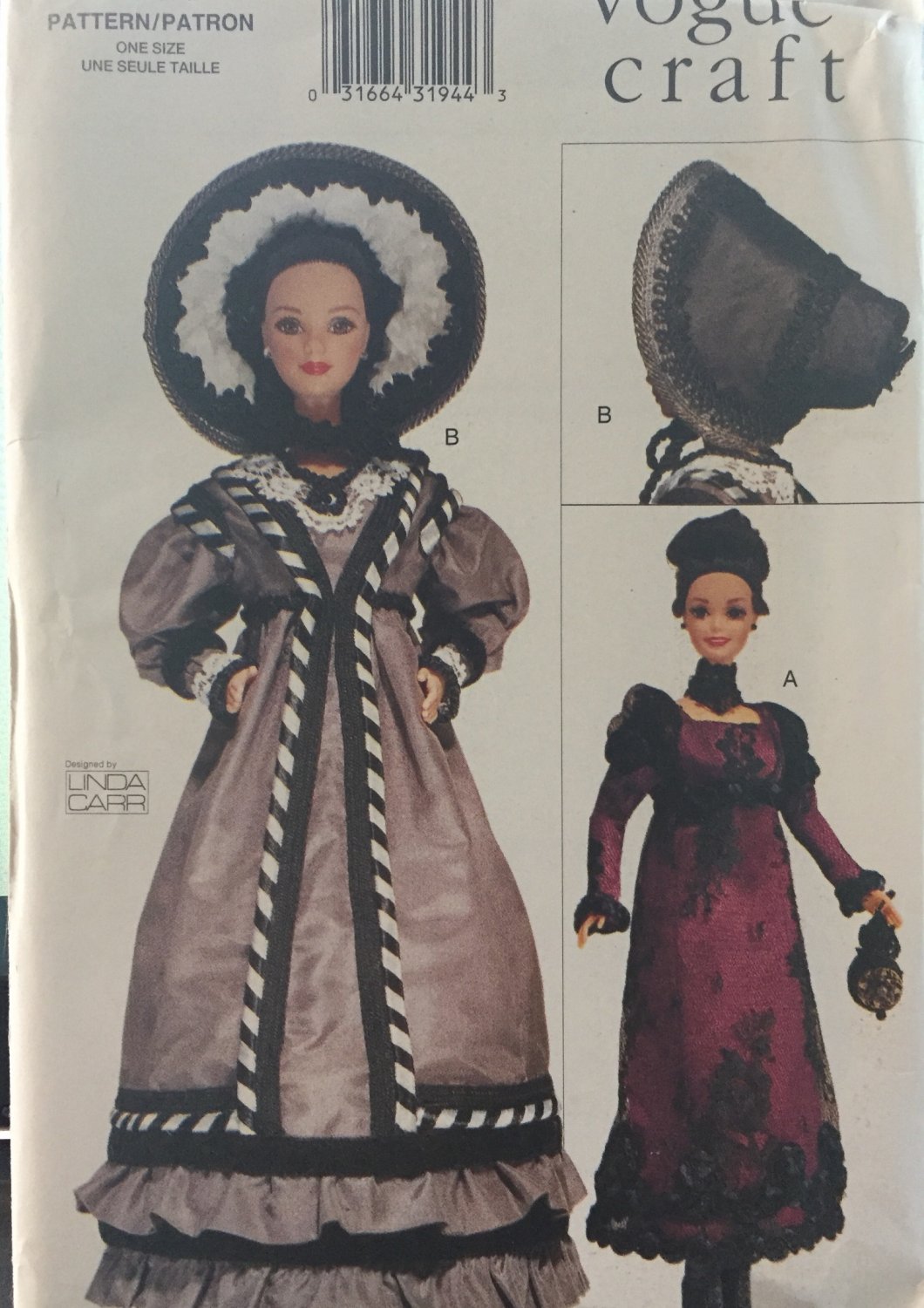 Vogue 7296 Fashion Doll Clothes Pattern 11 1/2" Dress Choker Bag Bonnet Historical Sewing Pattern
