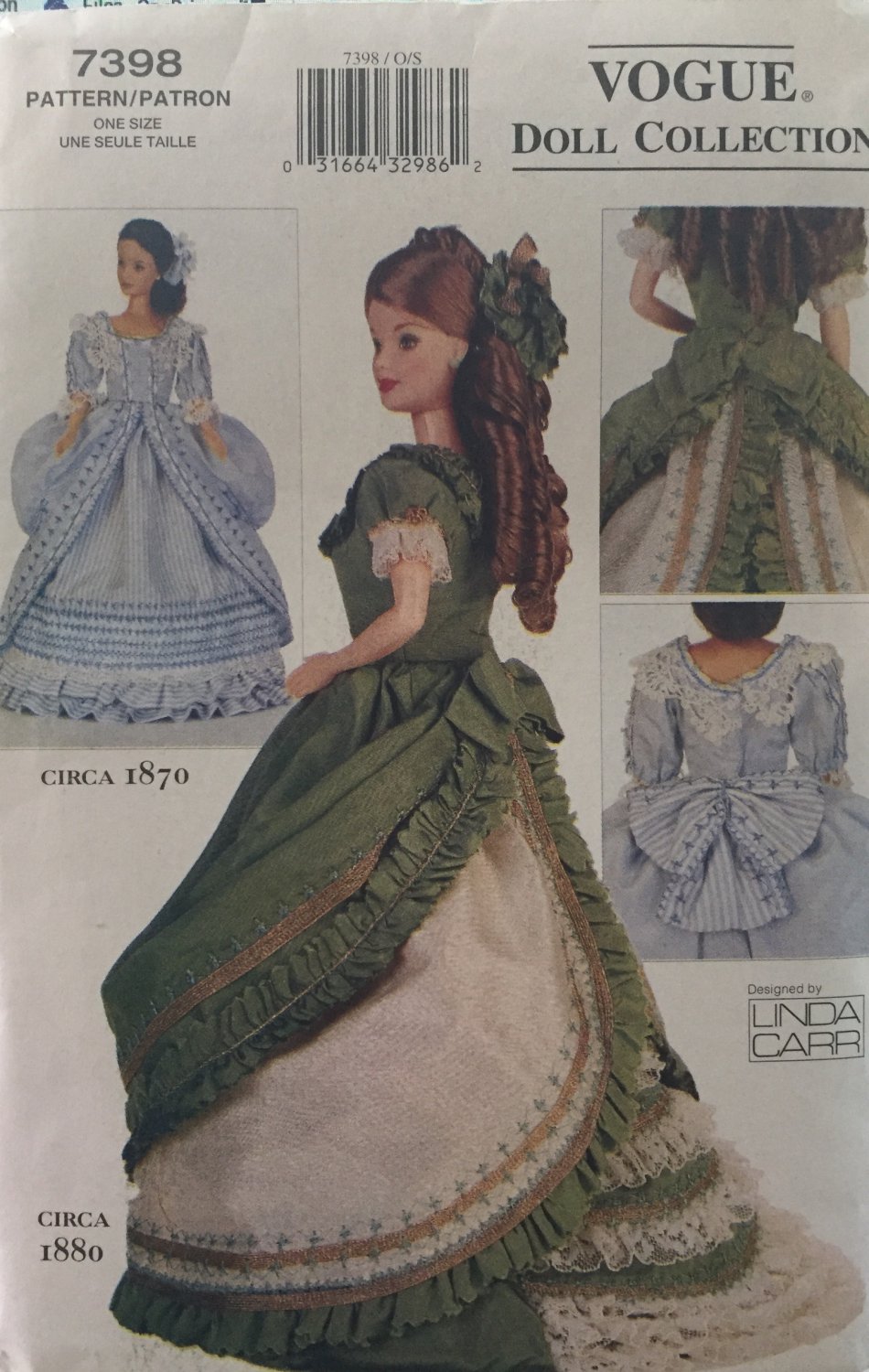 Vogue Pattern 7398 Historical Design Dresses for 11 1/2" Dolls Peplum Fancy Hats 1800's