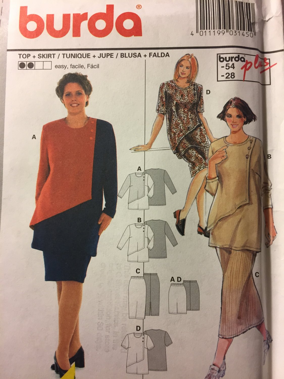 Burda 3145 TOP & SKIRT Sewing Pattern Uncut Size 18 to 28