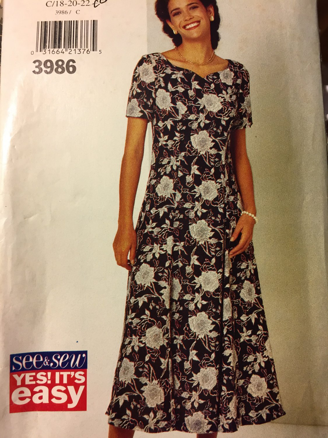 Butterick 3986 See & Sew Misses Dress Size 18 to 22 Sewing Pattern