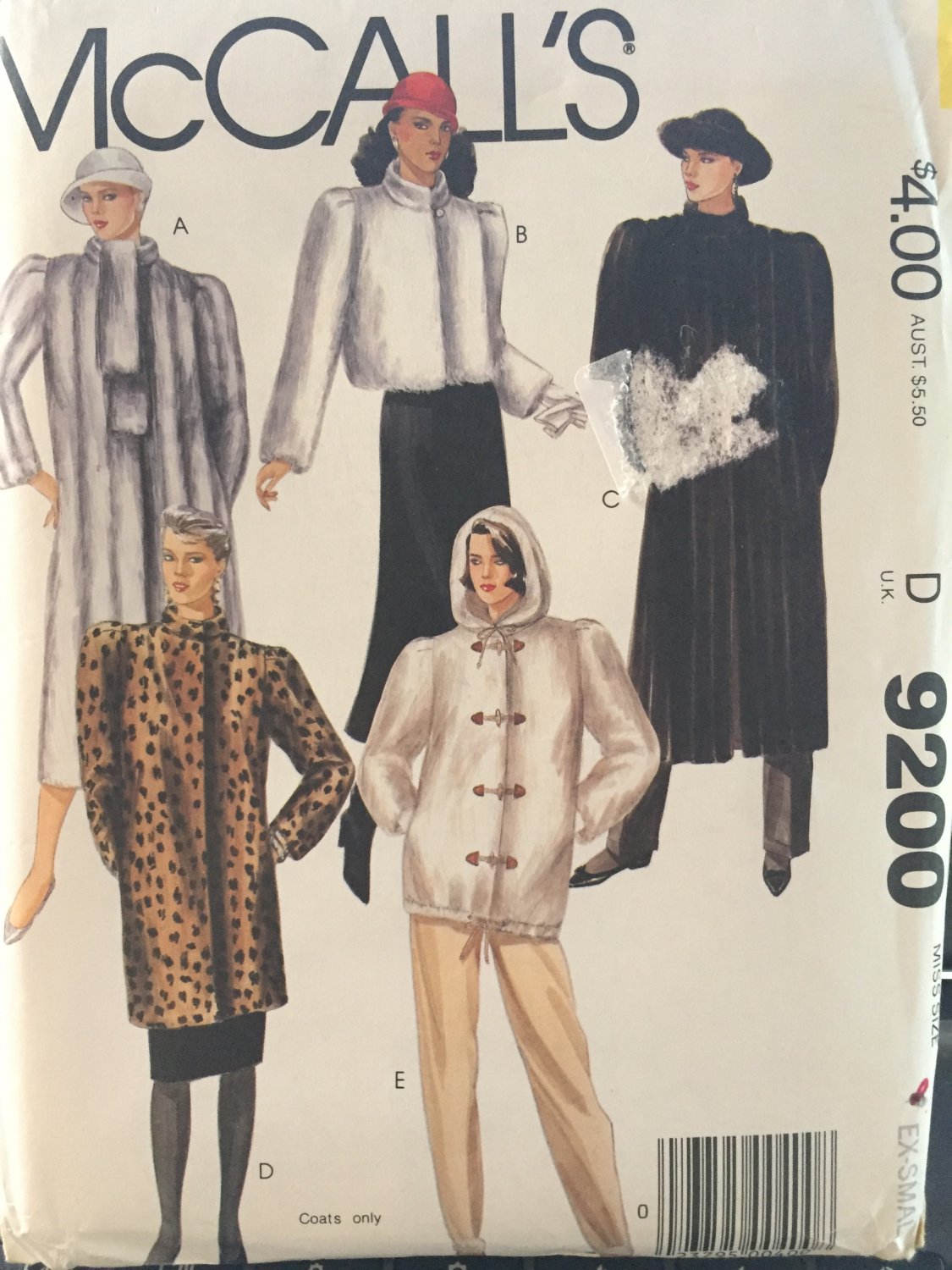 McCalls 9200 Misses coat or jacket for fake fur only size extra small 6 - 8.