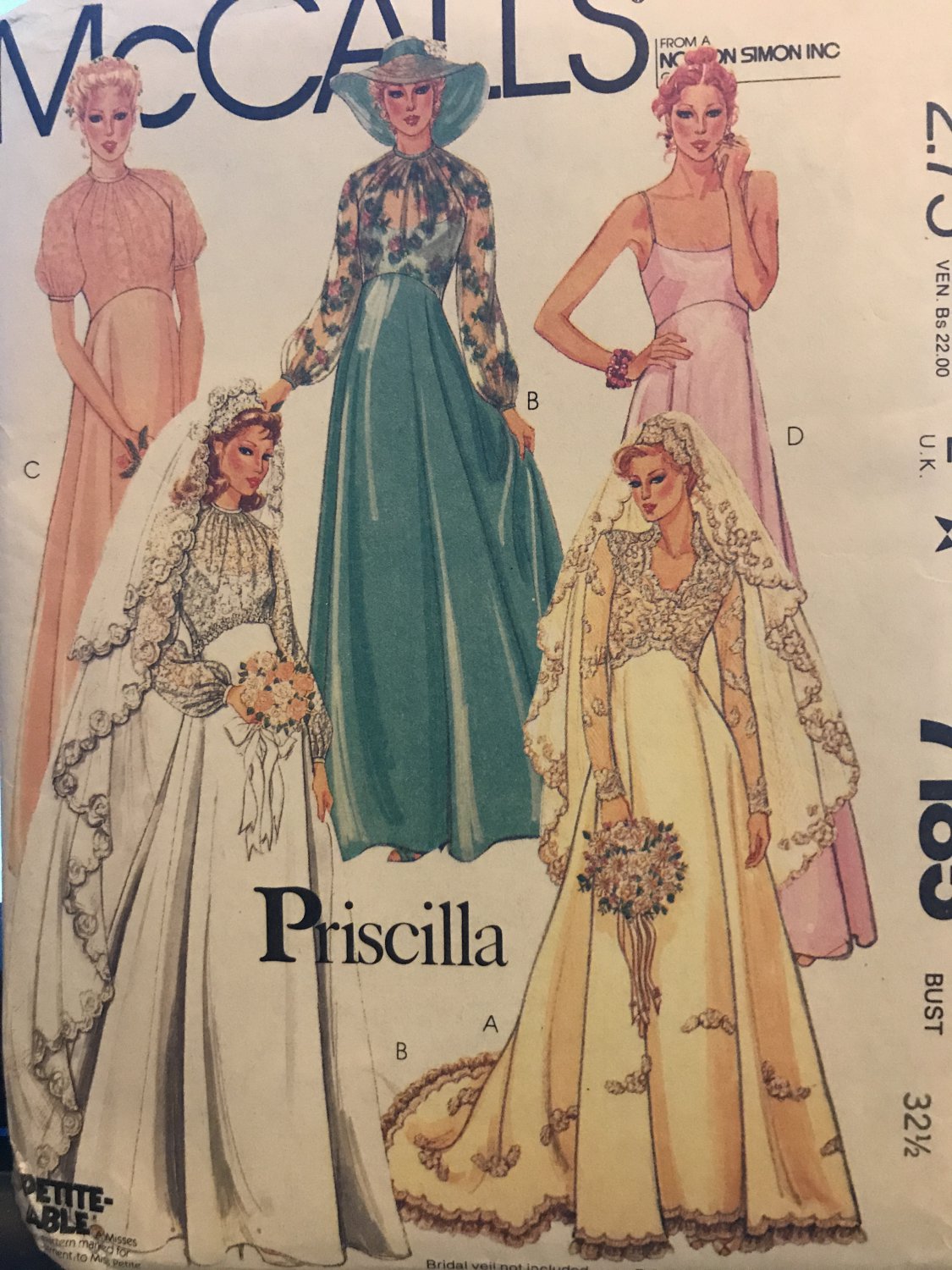 McCall's 7185 Pricilla Back zippered bridal or bridesmaid gown Sewing Pattern size 10 bust 32 1/2"