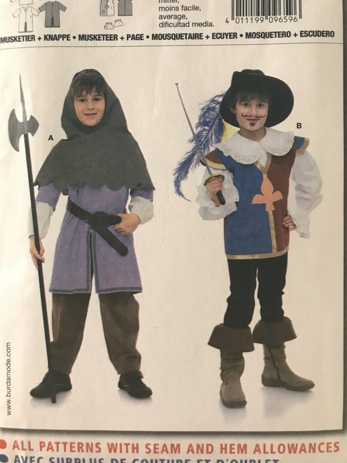 Burda 9659 Children's Renaissance Costume Musketeer & Page sewing pattern sizes 4 -10