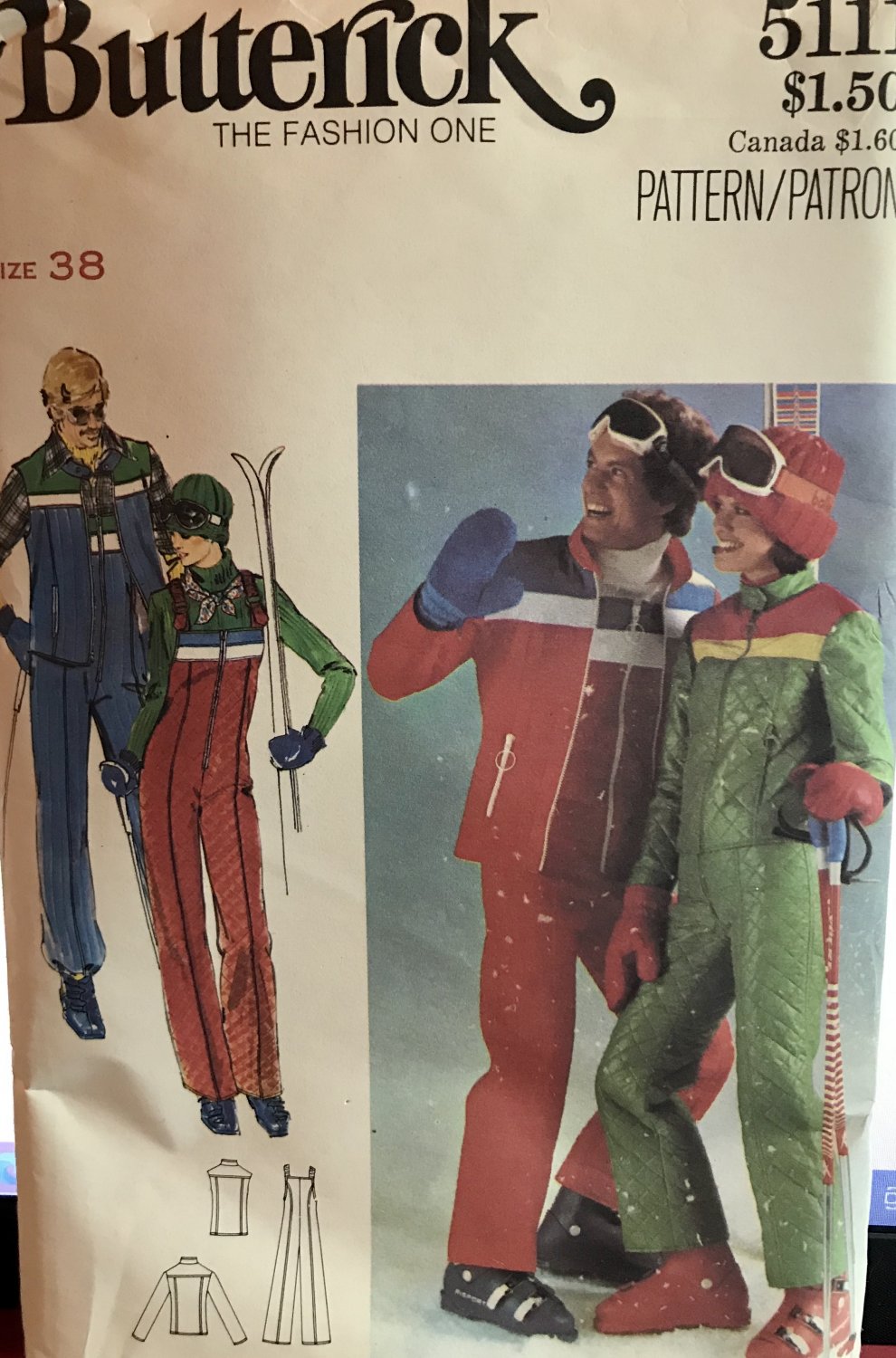 Butterick 5111 Men's Ski Jacket, Sleeveless Jacket Vest & Jumpsuit Sewing Pattern Chest 38"