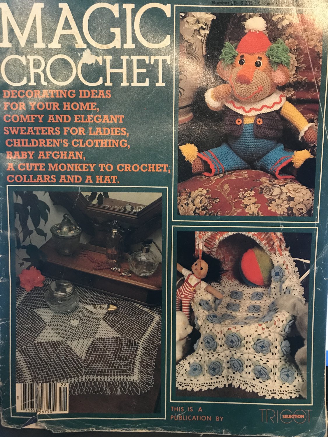 Magic Crochet Magazine 28 December 1983 doilies, baby rose motif afghan, toy monkey, collars
