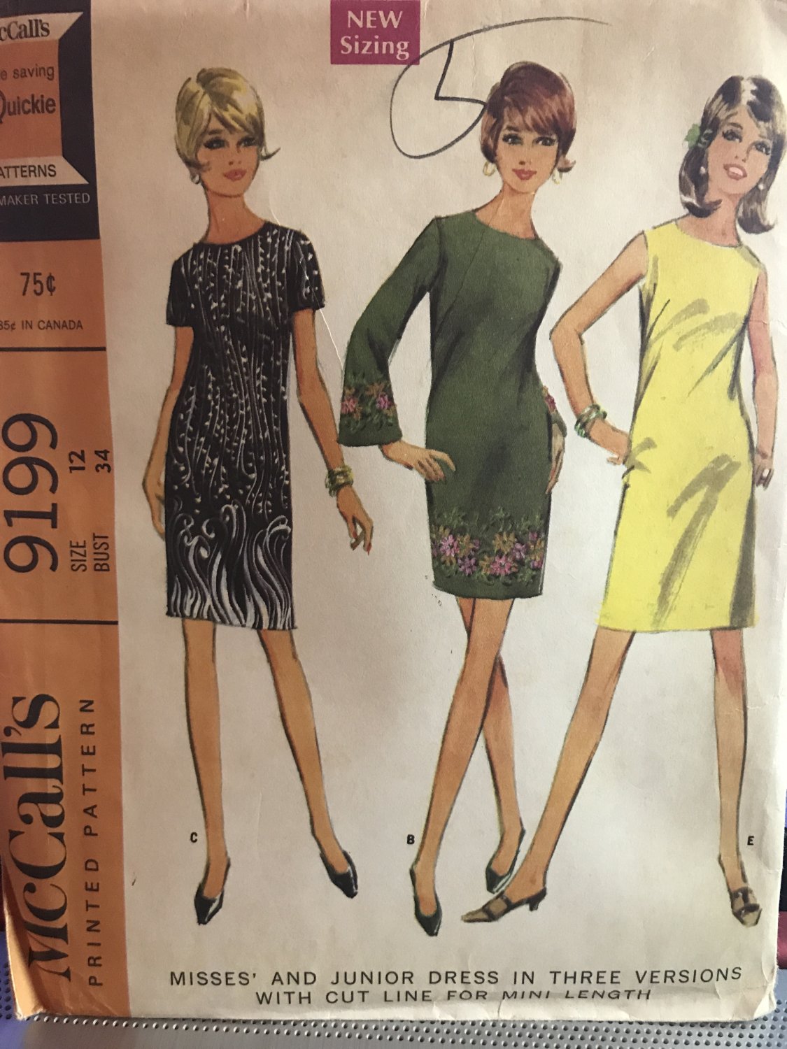 Vintage 1960s Dress Pattern McCall's 9199 A Line Bell Sleeves MIni Dress Mod Size 12 Bust 34 1968