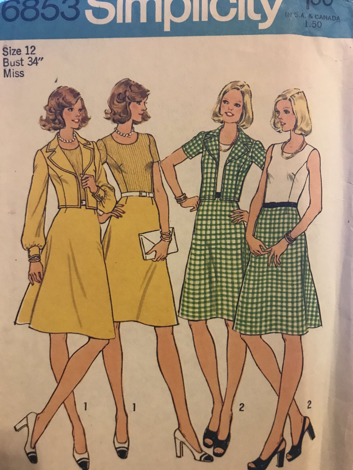 Simplicity 6853 1970s Vintage Sewing Pattern Dress and Unlined Jacket Size 12, Bust 34