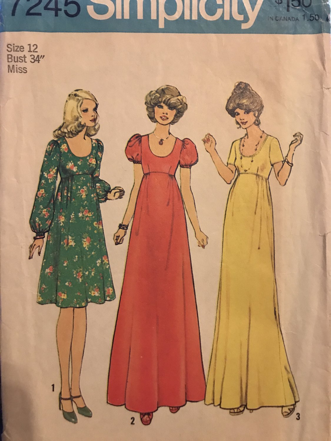 Simplicity 7245 70's Maxi Baby Doll Dress Size 12 bust 34" Sewing Pattern Uncut