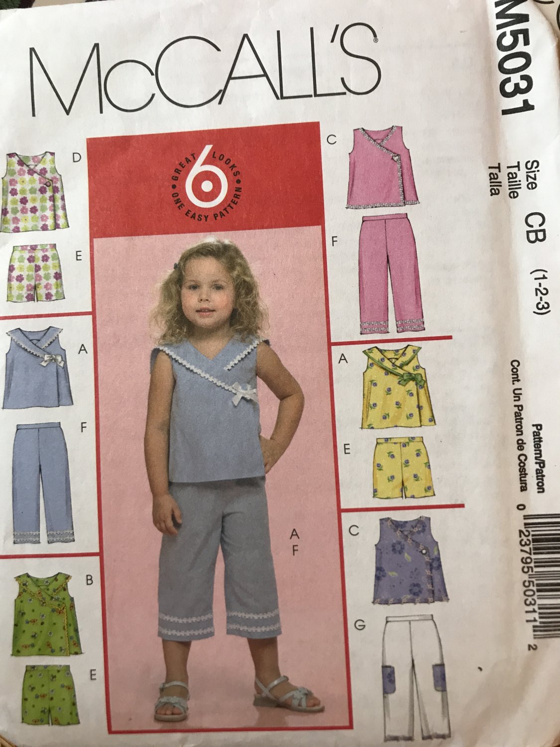 McCalls 5031 Toddlers' Top Shorts Capris Sewing Pattern Size 1 2 3